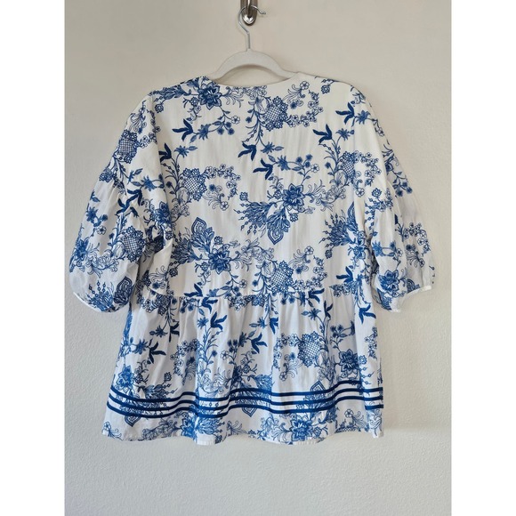 Anna Sui embroidered Floral Blue and Cream v neck puff sleeve blouse XL - Picture 6 of 12